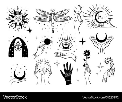 Set Magic Symbols Witch Tattoos Crescent Moon Vector Image