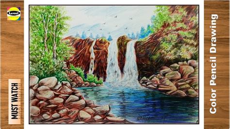 Color Pencil Drawing Waterfall Scenery Drawing How To Draw Hill
