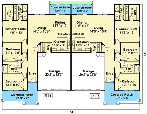 These two units are either below is ground floor example of a duplex house plan with one bedroom. Duplex Ranch Home Plan with Matching 3-Bed Units - 72965DA ...