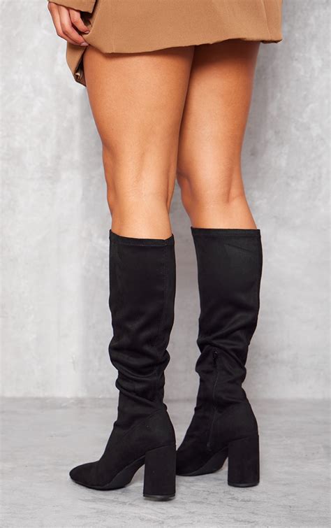 Black Round Toe Knee High Block Heeled Sock Boots Footwear Prettylittlething Usa