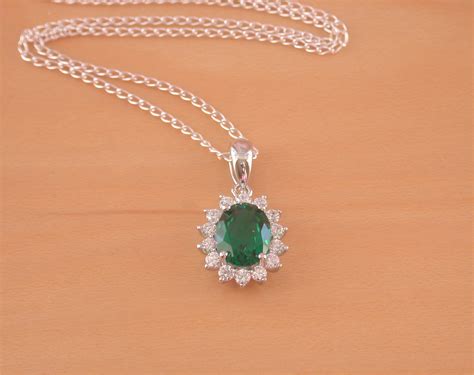 925 Emerald Lab Created Pendant And 18 Silver Chainemerald Necklace