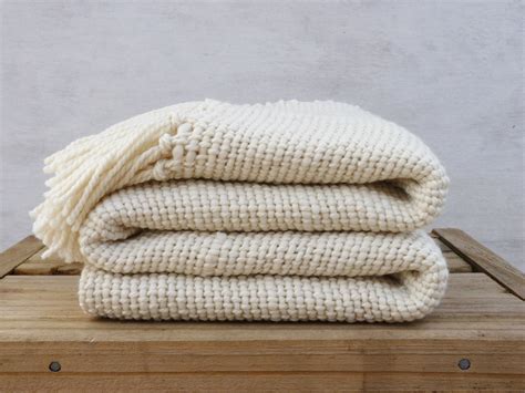 Chunky Ecru Wool Blanket Natural Organic Merino Wool Off White Throw