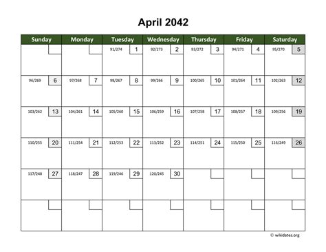 April 2042 Calendar With Day Numbers