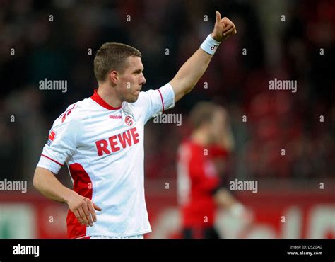 Colognes Lukas Podolski Gestures After The Bundesliga Match Bayer 04