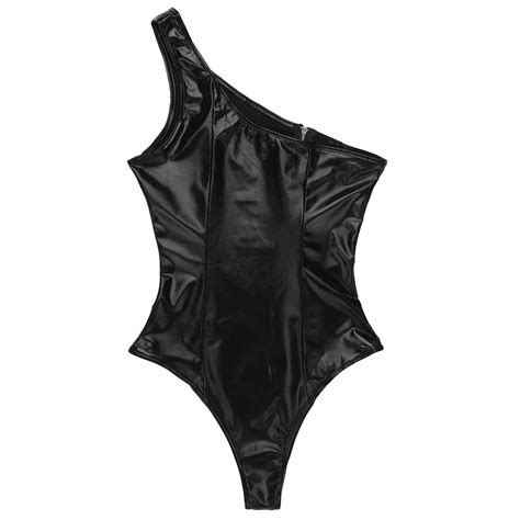 Tiaobug Women Sexy Bodysuit Black Wet Look Patent Leather One Shoulder