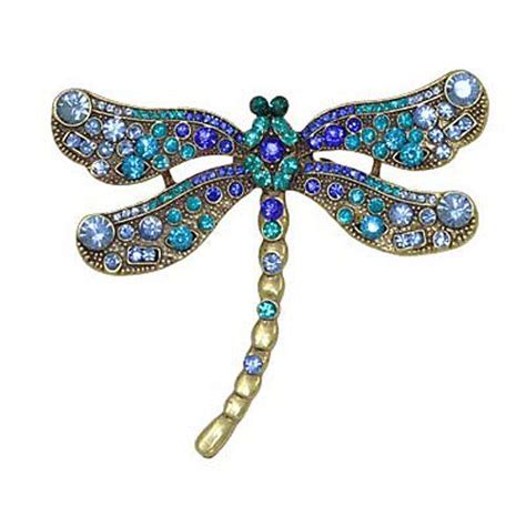 Large 4 Antique Goldtone Blue Crystal Dragonfly Brooch Pin Or Pendant