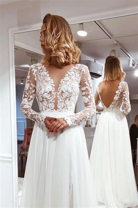 simple a line v neck open back ivory lace long sleeves wedding dresses mw381 long sleeve prom