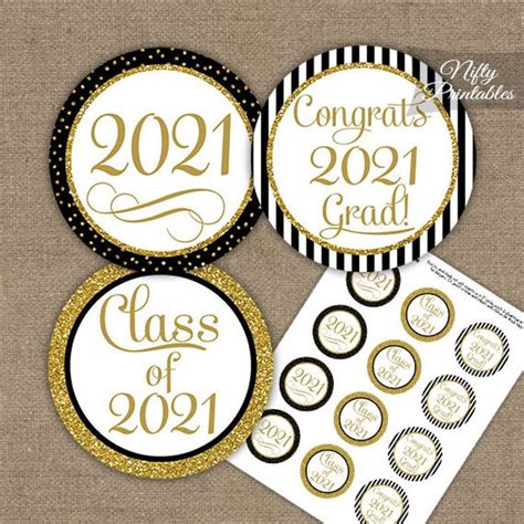 Graduation Cupcake Toppers Black And Gold Glitter Printable Etsy