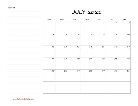 July 2021 calendar with holidays and celebrations of united states. July Blank Calendar 2021 with Notes | Calendar Quickly