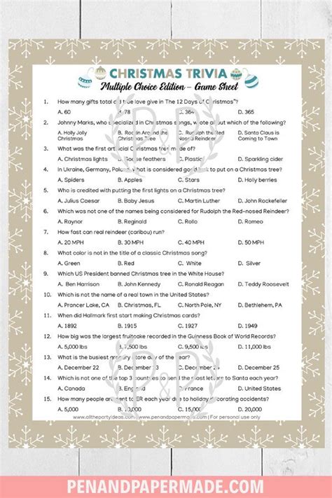 Free Christmas Trivia Printable Game Sheet With Answers Christmas