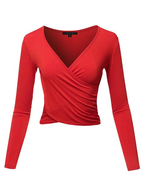 A Y Women S Long Sleeve Deep V Neck Cross Wrap Crop Top T Shirts Red M Walmart Com