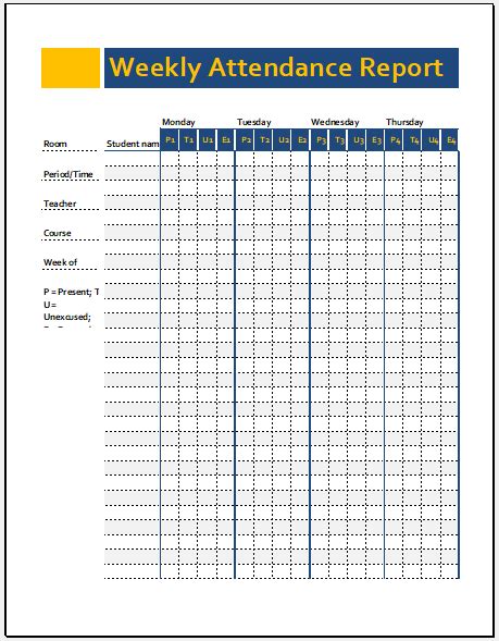 weekly attendance report template  excel excel templates