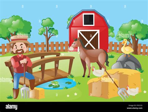Farmer And Animals In The Farm Field Illustration Stock Vector Image