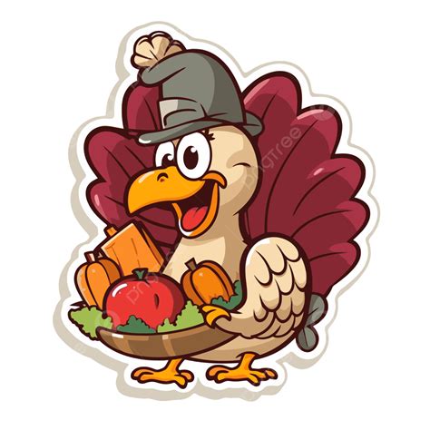 Cartoon Turkey Is Holding Food In A Hat Vector Clipart Funny Happy Thanksgiving Sticker