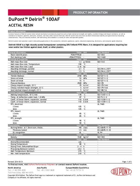 Delrin 100 Af Data Sheet And Properties