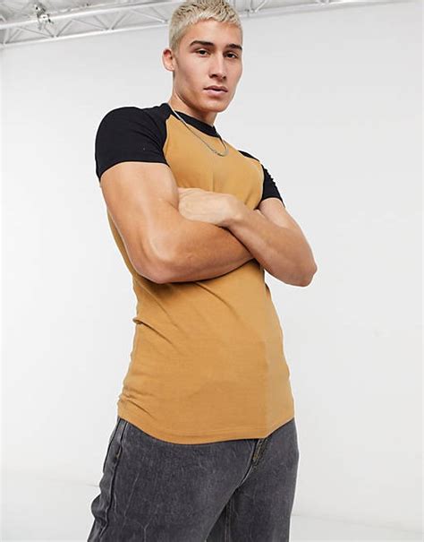 Asos Design Muscle Fit T Shirt With Contrast Raglan Sleeves In Tan And