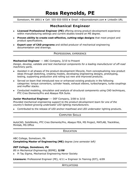 Mechanical engineer is the person who has a degree or diploma in mechanical engineering. Sample Resume for a Midlevel Mechanical Engineer | Monster.com