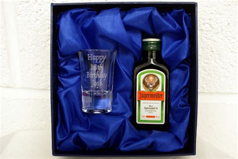 Engraved Shot Glass And Miniature Jagermeister In Silk T Box