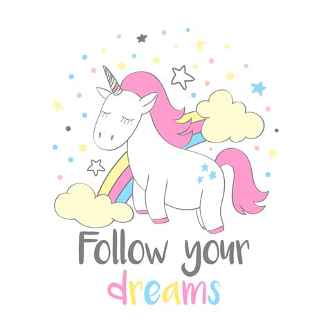 Magic Cute Unicorn In Cartoon Style With Hand Lettering Follow Your