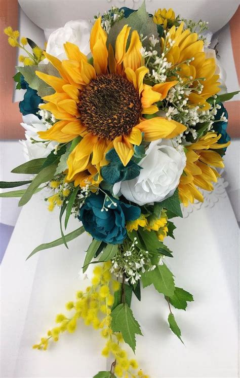 Artificial Teal And Sunflower Bridal Bouquet Sunflower And Etsy In