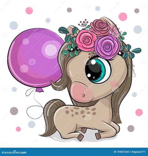 Cute Cartoon Unicorn With Flowers And Purple Balloon Stock Vector