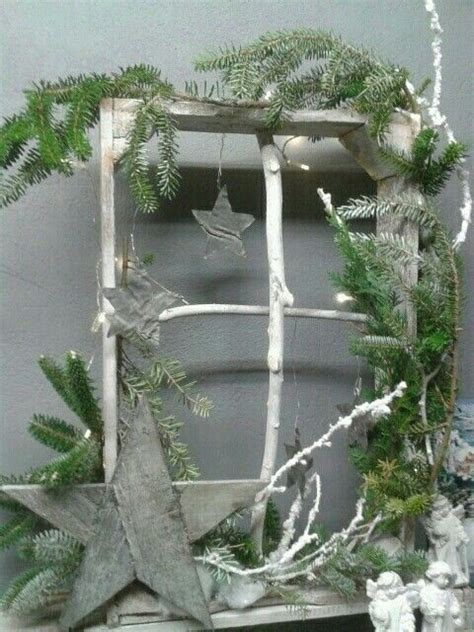 Twig Window With Sprigs Of Fir And Stars Christmas Floral White