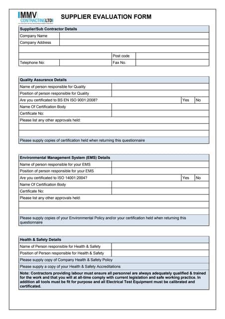 Supplier Evaluation Form Examplepdf