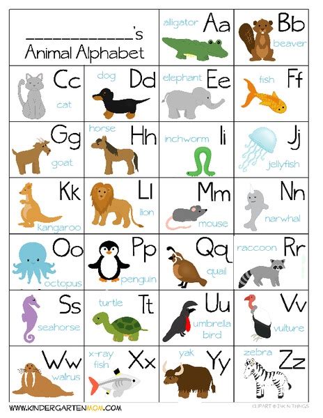 Animal Alphabet Chart Handout For Pre K 1st Grade Lesson Planet