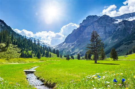 Pegunungan Swiss Yang Indah Di Musim Semi Foto Stok Unduh Gambar