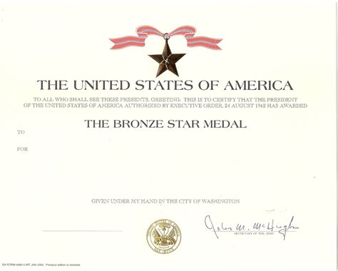 Genuine Army Bronze Star Medal Award Certificate