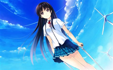 Anime Girls Clouds Crutches Long Hair School Uniform