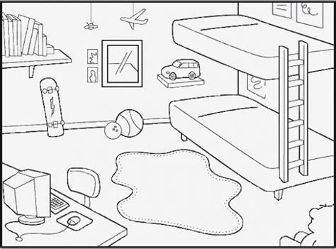 A Black And White Drawing Of A Bedroom With Bunk Beds Bookshelves Toys And Other Items