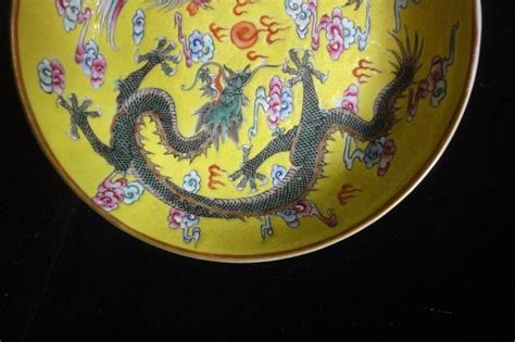 Fine Antique Chinese Dragon And Phoenix Yellow Porcelain Plate