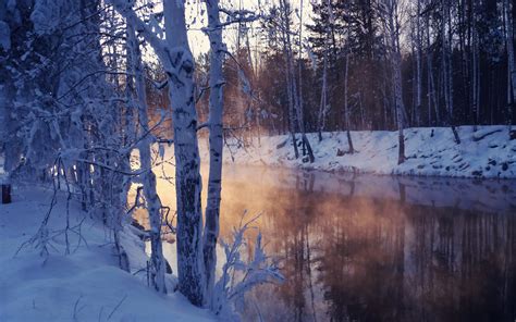 Winter Landscape With Snow Covered Tree Lake Wallpapers 2560x1600