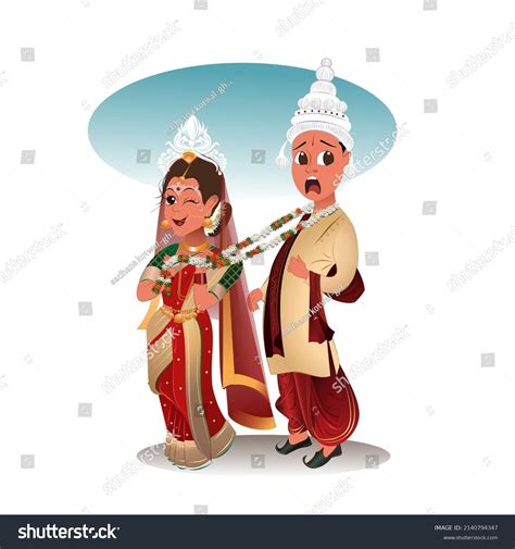 Bengali Wedding Couple In Traditional Costume Of West Bengal India Stock Illustration By