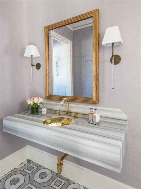 Gray And Gold Powder Room With Gray Striped Marble Sink Vanity