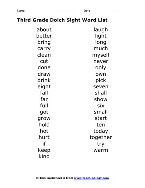 In 3rd grade, the students are familiar with sounds and shapes of letters. Third Grade Dolch Sight Word List