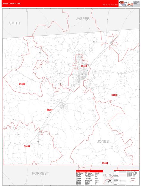 Jones County Ms Zip Code Wall Map Red Line Style By Marketmaps