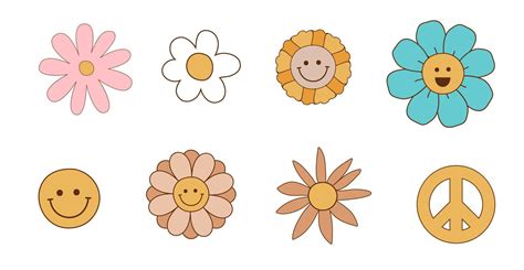 Groovy Flowers Set Retro 70s Smiling Face Flowers Graphic Elements