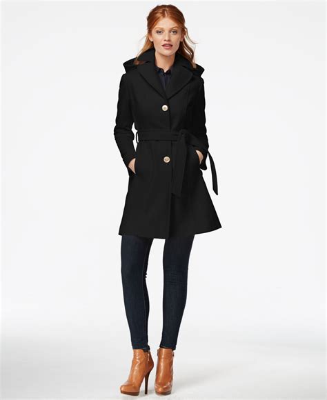 Michael Kors Wool Michael Hooded Belted Walker Coat In Black Lyst