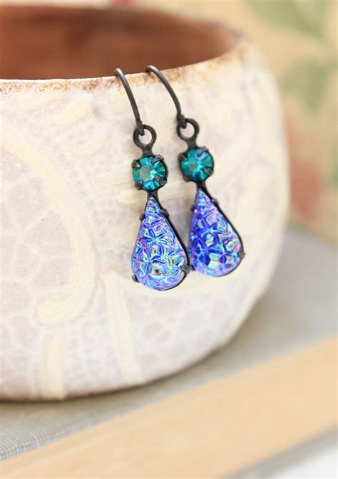 Dark Blue Earrings Vintage Glass Earrings Small Rhinestone Drop Estate