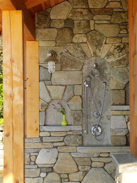 Rustic Outdoor Shower With Stone And Cedar Hgtv