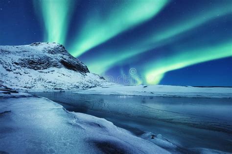 Aurora Borealis Lofoten Islands Norway Winter Landscape In The Night