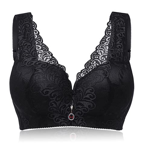 Plus Size Sexy Lace Embroidery Wireless Bra Deep V Full Cup Pure Color