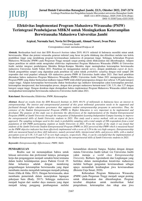 Pdf Efektivitas Implementasi Program Mahasiswa Wirausaha Pmw