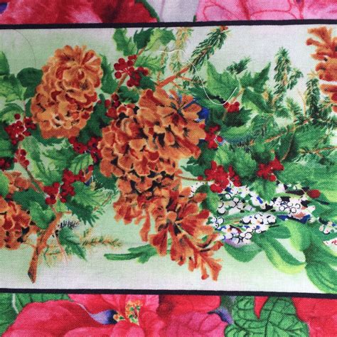Christmas Border Print Fabric By The Yard Red Poinsettia Etsy
