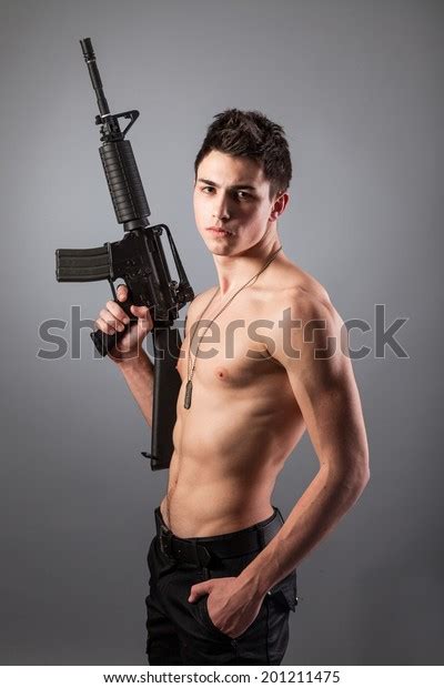 Handsome Barechested Soldier Holding Rifle On Stock Photo 201211475
