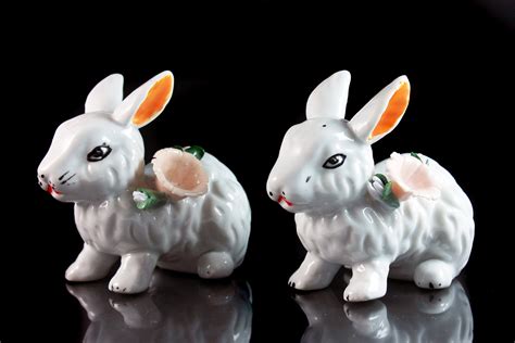 Rabbit Figurines Bunny Figurines Set Of Two Hand Painted Raised