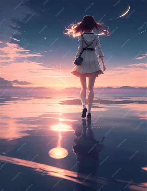 Premium Ai Image Anime Girl Walking On Water Ripples Backdrop Of Dawn