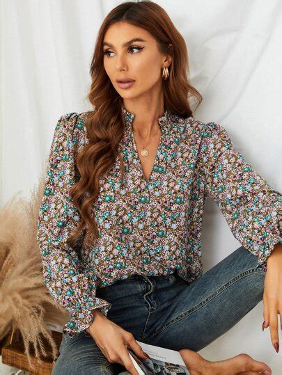 Notch Neck Puff Sleeve Ditsy Floral Blouse Ditsy Floral Blouse